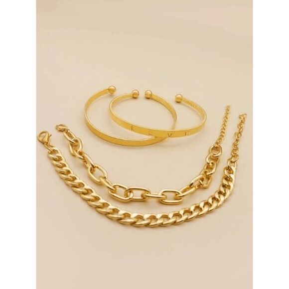 GOLD PLATED LINK CUFF LOVE BRACELETS - 4 PIECES - Picture 2 of 5